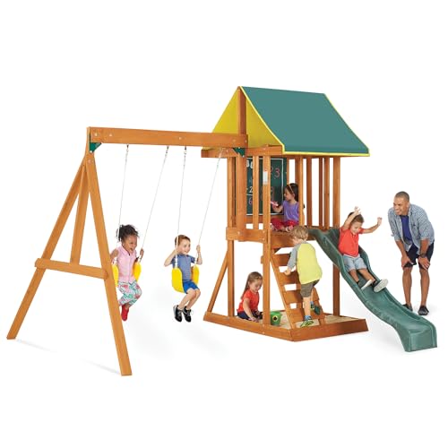 KidKraft Appleton Wooden Swing Set - Outdoor Playset with Slide & Chalk Wall, Exclusive