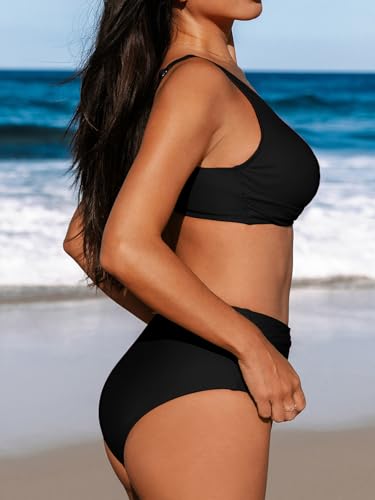 CUPSHE Women's High Waist Bikini Set with Underwire - Black, Large