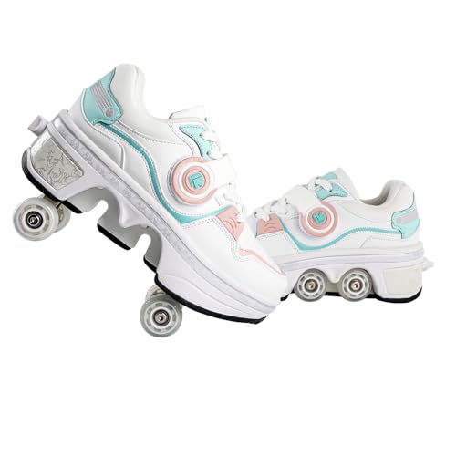 Unisex 2-in-1 Retractable Roller Skate Shoes - White Pink Blue, Size 4.5