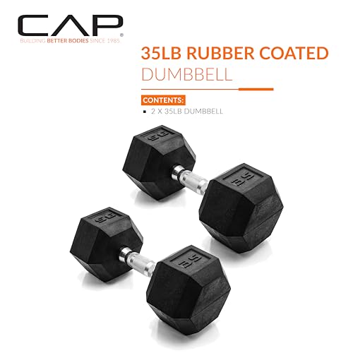 CAP 35 lb Chrome Handle Rubber Coated Dumbbell Pair - Anti-Roll Hex Weights