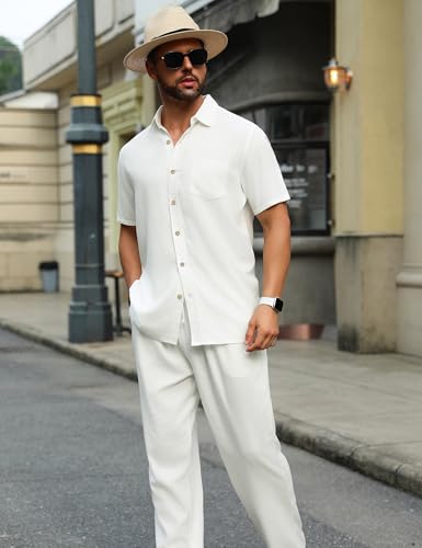 URRU Men’s 2 Piece Linen Outfit Summer Beach Set White XL - Short Sleeve Shirt & Pants