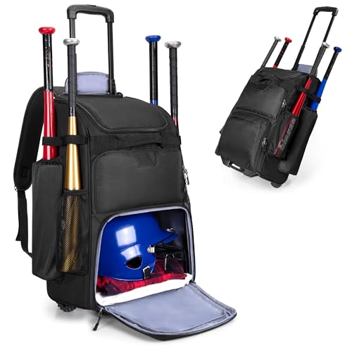 Rolling Baseball Backpack with Wheels & Multiple Compartments - Holds 4 Bats