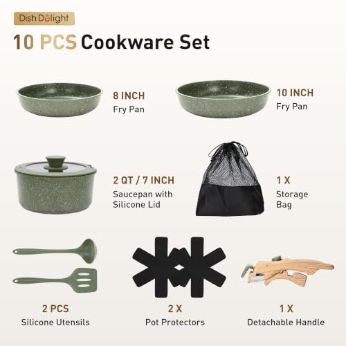 DishDelight Green Camping Pots and Pans Set with Detachable Handle, Non-Stick, 10-Piece