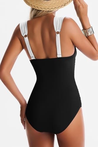 Women's One Piece Swimsuit Tummy Control Bathing Suit Full Coverage Black & White Large Variation