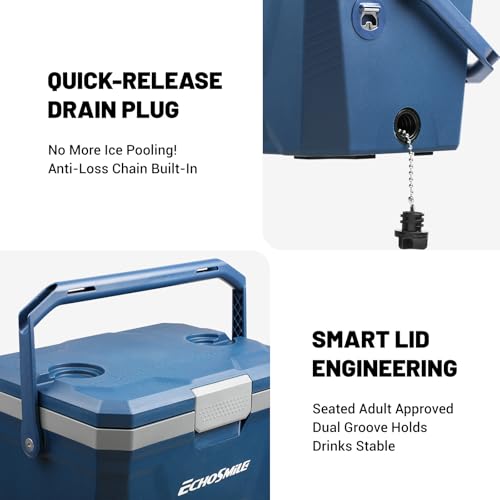 EchoSmile 20 Quart Dark Blue Insulated Cooler Ice Chest Portable Hard Shell