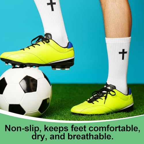 Soccer Socks with Bible Verse - Unisex Cross Embroidered Athletic Socks, Size 6-13, White/Black, 6 Pairs