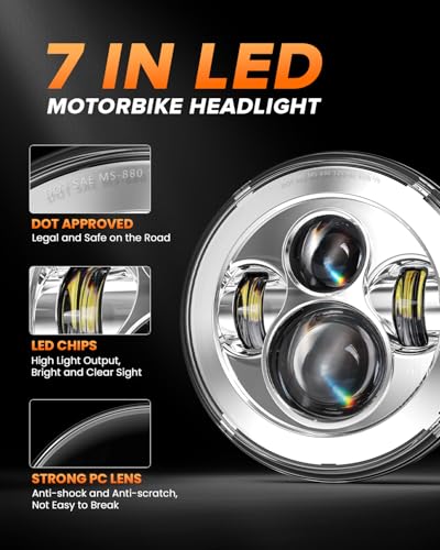 BICYACO Silver 7 Inch LED Motorcycle Headlight for Harley Davidson, Softail, Touring Models