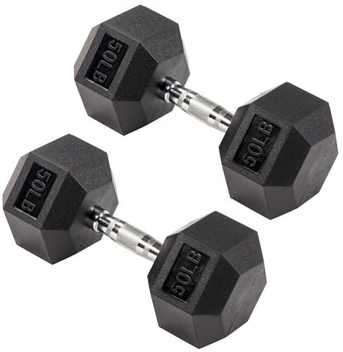 50 lbs Pair Rubber-Coated Hex Dumbbells for Home Gym & Strength Training