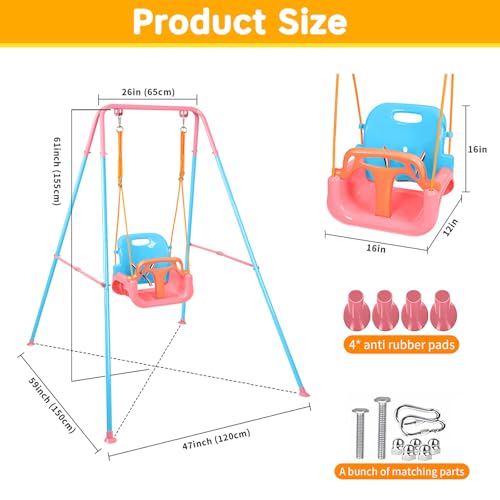 3-in-1 Toddler Swing Set with Stand - Foldable Baby Swing for Indoor & Outdoor Use, Blue & Pink