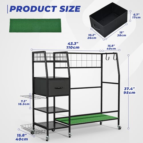 Sturdum 43.3in Golf Bag Organizer Rack with Wheels & Turf Mat