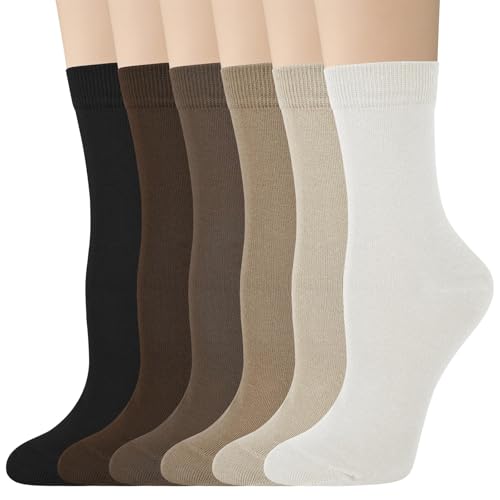 Justay Crew Socks for Women - Cute Knit Cotton Dress Socks, One Size, Dark Brown & Light Khaki