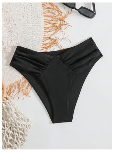 Women's V Cut High Leg Mid Rise Bikini Bottom Swimwear - Medium Black