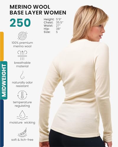 Merino Wool Base Layer Women - Long Sleeve Thermal Shirt & Socks Medium / 250 Natural Merinos