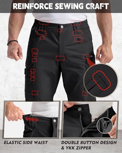 Men's Stretch Tactical Cargo Work Pants - 9-Pocket Ripstop, Black, 36W x 32L