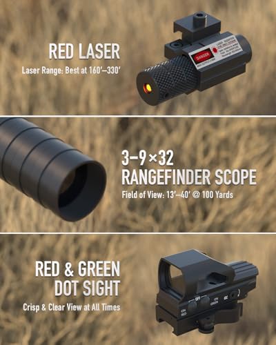 Pinty 3-9x32 4-in-1 Tactical Rifle Scope with Red-Green Dot & Laser Sight - Picatinny Mount