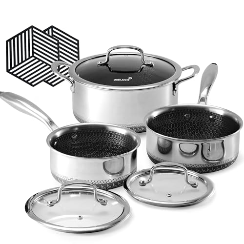 Useluck Silver Hybrid Nonstick Pot Set with Lid, 1.5/2 Qt Saucepan & 5 Qt Stock Pot