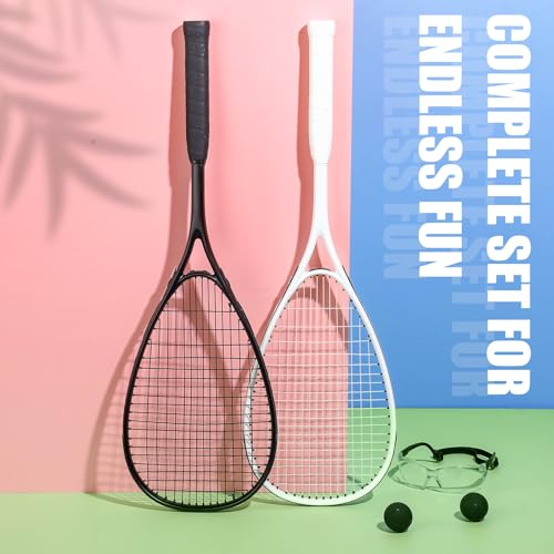 Seenelling 2 Pack Beginner Squash Rackets Set Black & White with Safety Goggles & Balls
