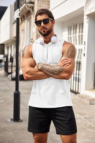 Men's Workout Hooded Tank Top - White Large - Bodybuilding Muscle Gym Sleeveless T-Shirt