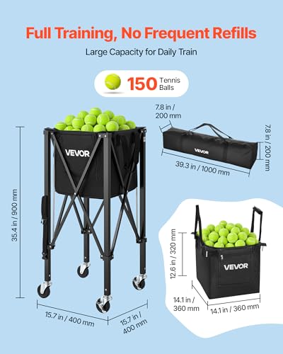 150 Balls Tennis & Pickleball Hopper Cart - Foldable Ball Holder & Storage Bag