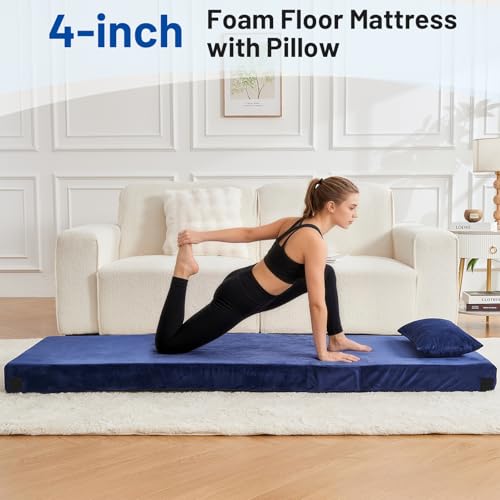 Navy Blue 4-Inch Memory Foam Camping Mattress with Pillow - Small Single 72x24x4"