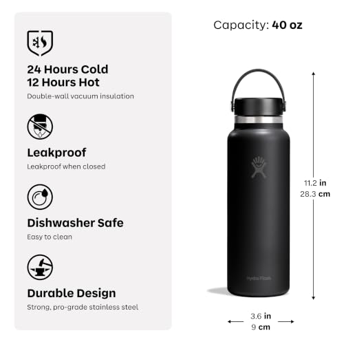 Insulated 40 Oz Water Bottle with Leakproof Lid - Purple Wide Mouth Hydration Flask