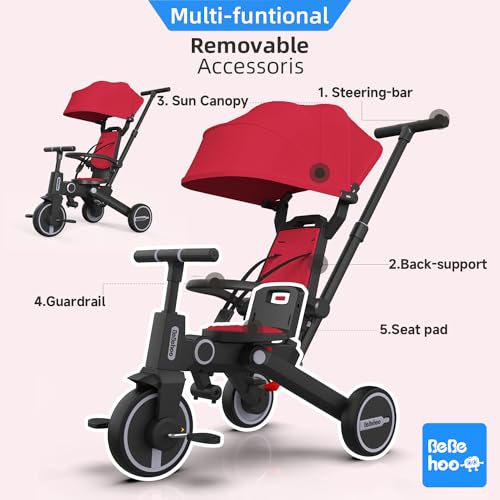 Red 7-in-1 Toddler Tricycle Stroller with Foldable Push Handle and Adjustable Seat