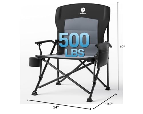 EVER ADVANCED Oversized Folding Camping Chair - Heavy Duty Outdoor Lawn Chair with Side Pockets - Black