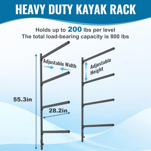 Adjustable Kayak Wall Mount Rack for Indoor Outdoor Storage - 4 Kayaks