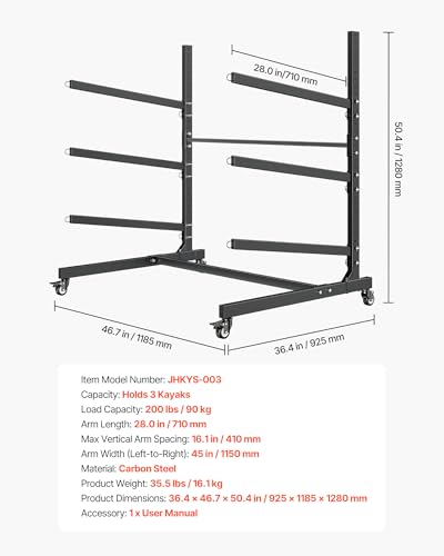 Heavy Duty Kayak Storage Rack for 3 Kayaks - Black, Adjustable & Lockable Wheels