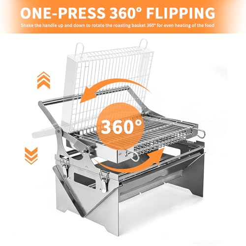 Portable 360° Rotating Charcoal Grill with Flipping Basket - Stainless Steel Camping BBQ