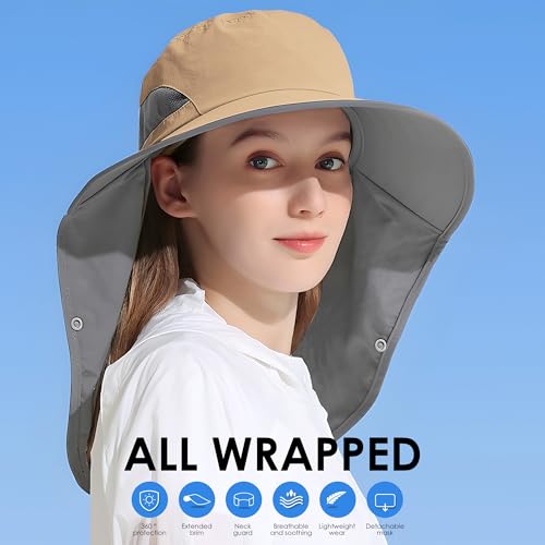 Outdoor Sun Hat with Detachable Neck Face Flap UPF 50+ UV Protection - One Size Khaki