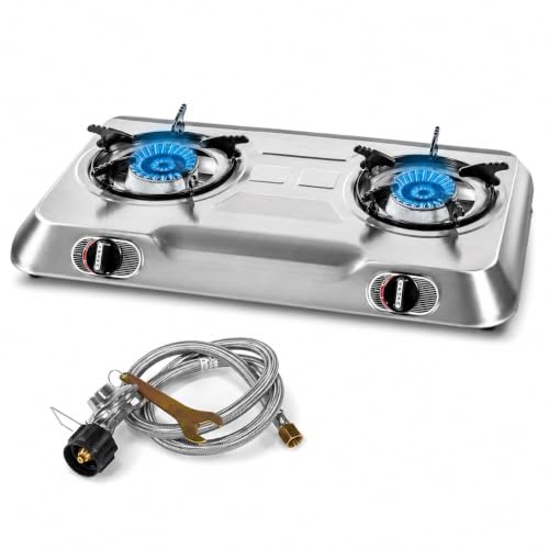 Deluxe Double Burner Propane Stove - 25,516 BTU Outdoor Camping Cooktop with Auto Ignition, Portable Stainless Steel Gas Stove for RV, Tailgating & Camping