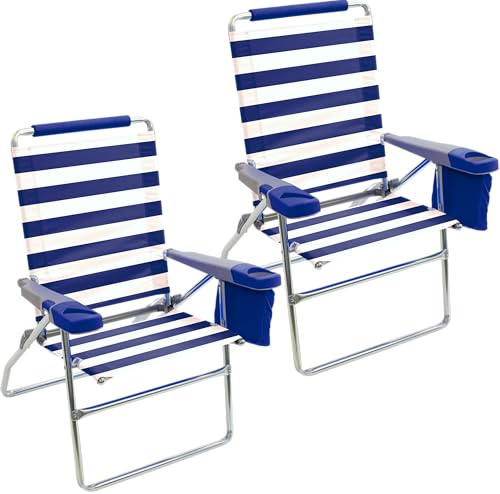 2-Pack Extended-Height Beach Chairs with Recline & Storage - Blue