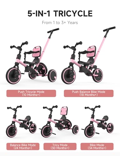 Besrey Pink Toddler Tricycle with Push Handle & 5-in-1 Growth Modes
