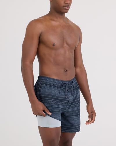 Men's 2-in-1 Swim Shorts - Sea to Shore 6-Inch Agitated Stripe Indigo, Quick-Dry, Versatile