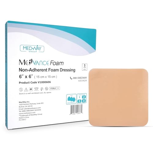 MedVance Waterproof Foam Wound Dressing 6x6 Inches, 5 Pack - Non-Adherent Medical Wound Care