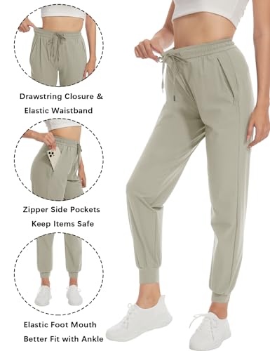 Women's Khaki Joggers with Zipper Pockets - Medium, 34-Inch Inseam, Lightweight Lounge & Workout Pants