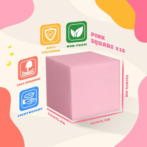 Gymnastics Foam Pit Cubes 24 Pack - Pink 5 Inch Foam Blocks for Trampolines & Sports