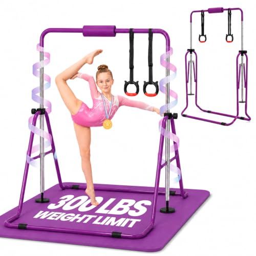 Foldable Kids Gymnastics Bar with Rings and Mat - Adjustable Height, Portable Exercise Equipment
