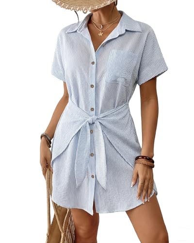 Women’s Swimsuit Coverup Tie Beach Shirt Dress - Blue Stripe, Medium
