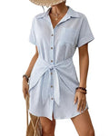 Women’s Swimsuit Coverup Tie Beach Shirt Dress - Blue Stripe, Medium