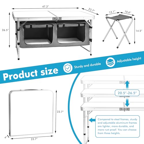 Whitebig Camping Folding Aluminum Table with Adjustable Legs — Outdoor Picnic & Travel