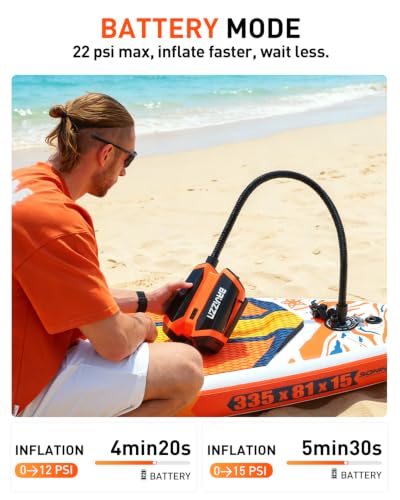 BAVIZZN Rechargeable Electric SUP Pump for Inflatable Paddle Boards - Black/Orange