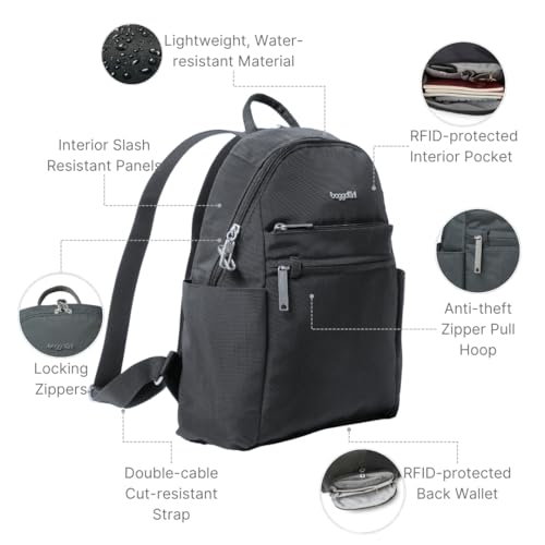 Baggallini Securtex® Anti-Theft Travel Backpack Charcoal, 10x13 Slash-Resistant Nylon RFID