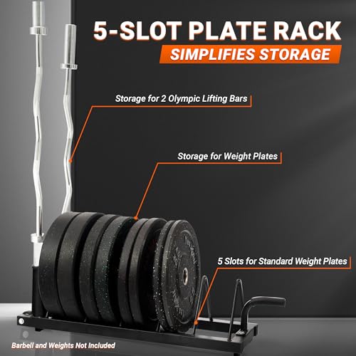 Yes4All Horizontal Weight Plate Rack with 6 Pegs & 4 Barbell Holders – Wall-Mounted Storage