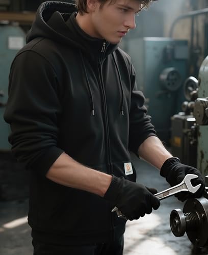 BOCOMAL Men's Heavyweight 14oz Zipper Hoodie Mock-Neck Fleece Jacket - Large Black