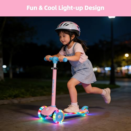 Pink Kids Scooter with Light-Up Wheels & Adjustable Height, 3-Wheel Toddler Ride-On