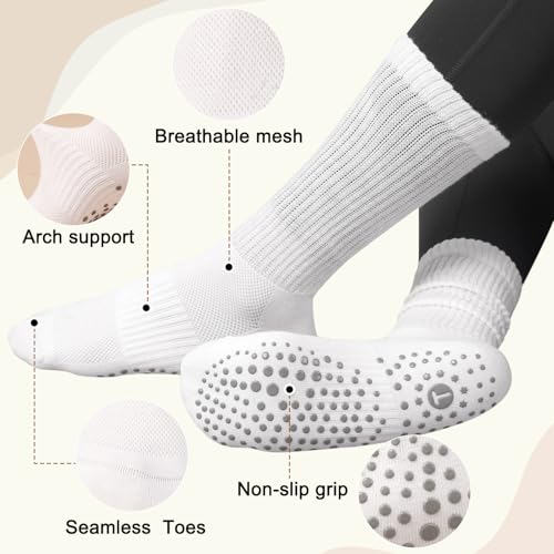 Women's Pilates Slouch Crew Socks Non Slip Yoga & Barre Socks - 2 Pairs White