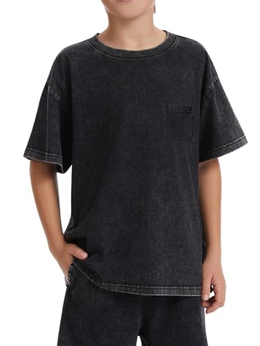 Kids Oversized Acid Wash Cotton T-Shirts - Unisex Loose Fit X-Large Black