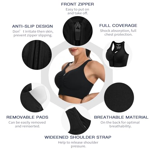 XX-Large Zip Front Sports Bras for Women - Black & Purple, Easy On & Off